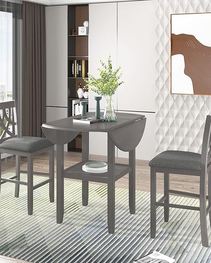 NicBex Bar Table and Chairs Set Kitchen Table Set Counter Height Kitchen Dining Table Set with Drop Leaf Table, 1 Shelf and 2 Cross Back Padded Chairs for Small Places, Gray - LeafyLoom