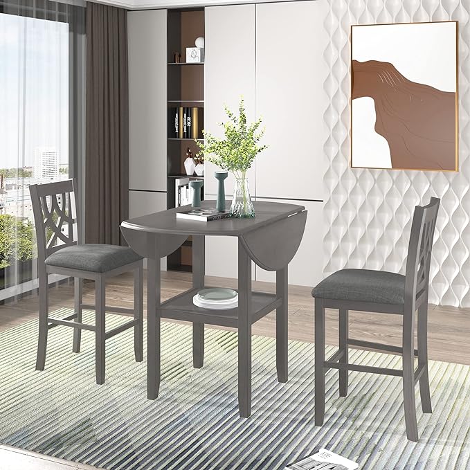 NicBex Bar Table and Chairs Set Kitchen Table Set Counter Height Kitchen Dining Table Set with Drop Leaf Table, 1 Shelf and 2 Cross Back Padded Chairs for Small Places, Gray - LeafyLoom