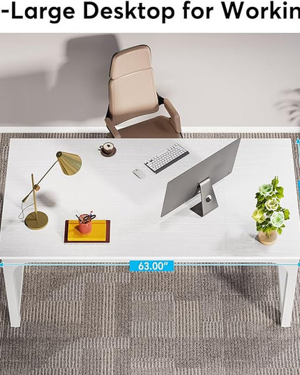 63 Inch Large Executive Computer office desk, White - LeafyLoom