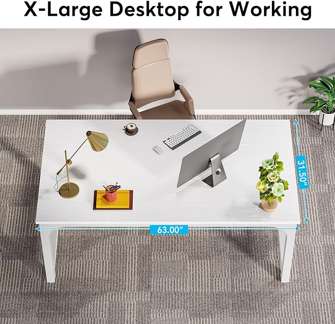 63 Inch Large Executive Computer office desk, White - LeafyLoom
