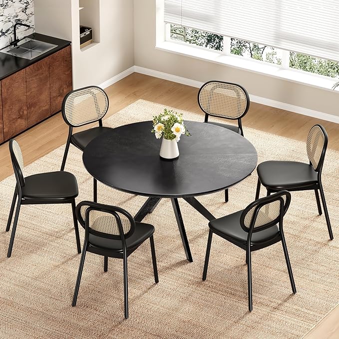 Soohow 47.2'' Solid Wood Round Dining Table for 4-6 People,Kitchen Table Round Wood Dining Table with Intersecting Pedestal Base,Black - LeafyLoom