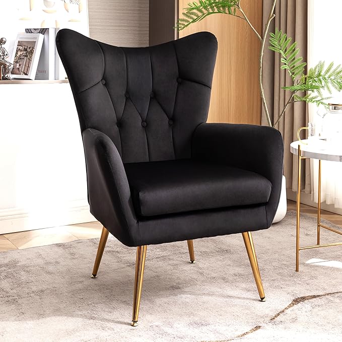 US Pride Furniture Modern Accent Chair with Ergonomic High Wingback, Microfiber Upholstered Armchair with Metal Legs for Living Room, Bedroom, Office or Vanity, Black - LeafyLoom