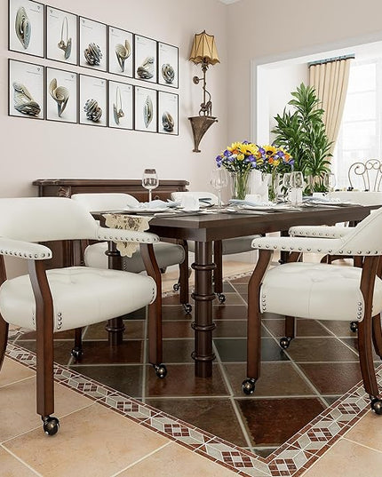 Large Dining Chairs with Casters and Arms, Rolling Dining Chairs with Wheels, Accent Game Poker Chairs, Wood Boss Caption's Chairs, 26“Dx25.2 Wx31.5“H, Cherry Legs & Ivory PU, SY-1533-WT - LeafyLoom