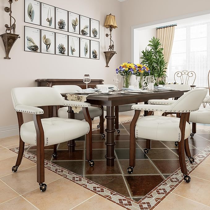 Large Dining Chairs with Casters and Arms, Rolling Dining Chairs with Wheels, Accent Game Poker Chairs, Wood Boss Caption's Chairs, 26“Dx25.2 Wx31.5“H, Cherry Legs & Ivory PU, SY-1533-WT - LeafyLoom