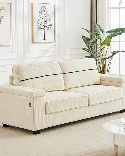 Modern Living Room Upholstered 3 Seater Sofa Couch Deep Seat Soft Corduroy Sofa&Couch with Storage Armrests, 2 Cupholders, Type-C and USB Charging Ports for Home, Apartment, Office - LeafyLoom