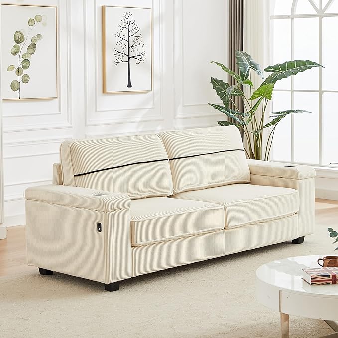 Modern Living Room Upholstered 3 Seater Sofa Couch Deep Seat Soft Corduroy Sofa&Couch with Storage Armrests, 2 Cupholders, Type-C and USB Charging Ports for Home, Apartment, Office - LeafyLoom