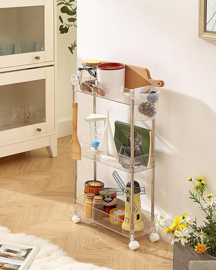 VECELO 3-Tier Clear Rolling Storage Cart,Acrylic Bathroom Utility Cart Kitchen Storage Organizers,Mobile Carts with 2 Lockable Wheels&Hooks for Livingroom Office Home,Clear - LeafyLoom