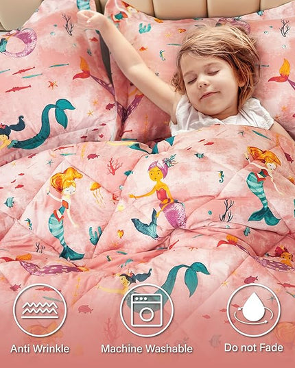 Twin Mermaid Bedding Sets for Girls, 3 Pieces Kids Queen Comforter Sets, Super Soft Lightweight for All Seasons, Includes 1 Comforter (88"x88") and 2 Pillowcase (20"x26"+2") - LeafyLoom