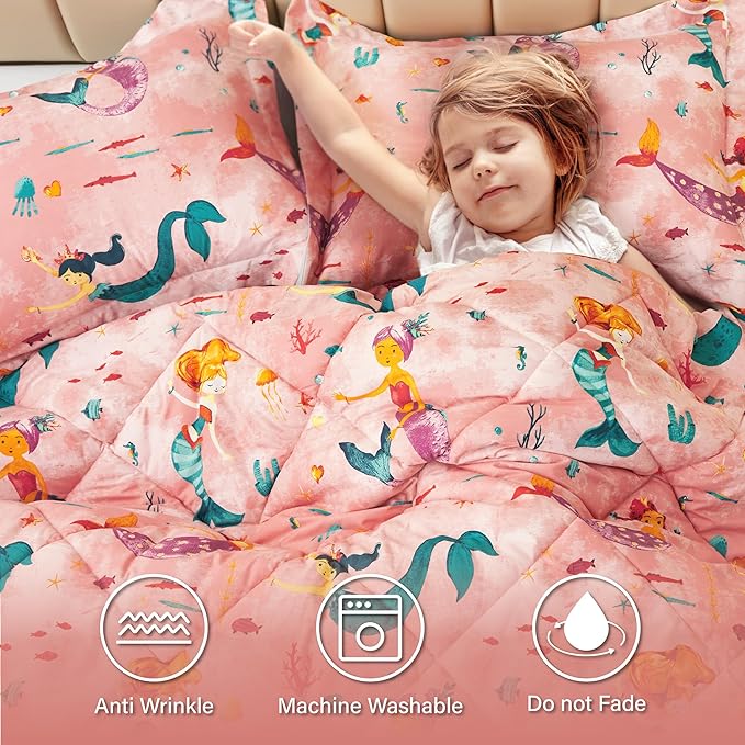 Twin Mermaid Bedding Sets for Girls, 3 Pieces Kids Queen Comforter Sets, Super Soft Lightweight for All Seasons, Includes 1 Comforter (88"x88") and 2 Pillowcase (20"x26"+2") - LeafyLoom