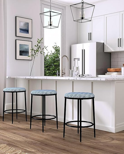 HomePop Upholstered Metal Barstool, Fabric Side Chairs for Dining Room, Kitchen and Living Room - Blue Indigo Print - LeafyLoom