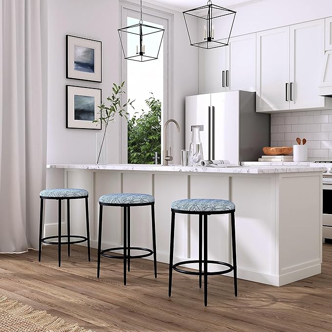 HomePop Upholstered Metal Barstool, Fabric Side Chairs for Dining Room, Kitchen and Living Room - Blue Indigo Print - LeafyLoom
