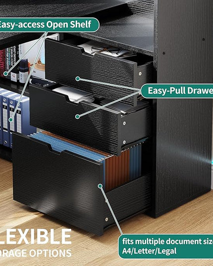 DWVO L Shaped Desk with Drawers, 55" Corner Computer Desk with Bookshelf & Power Outlets & LED Lights, Home Office Desk with Storage Shelves, Black - LeafyLoom