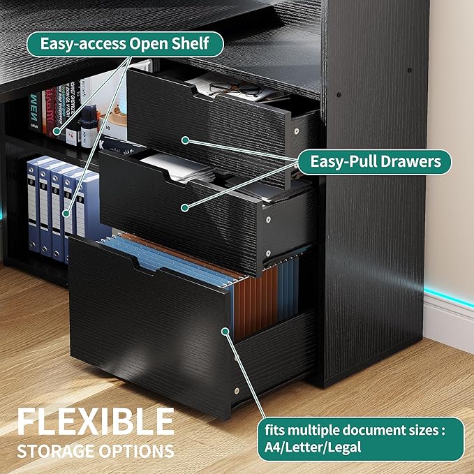 DWVO L Shaped Desk with Drawers, 55" Corner Computer Desk with Bookshelf & Power Outlets & LED Lights, Home Office Desk with Storage Shelves, Black - LeafyLoom