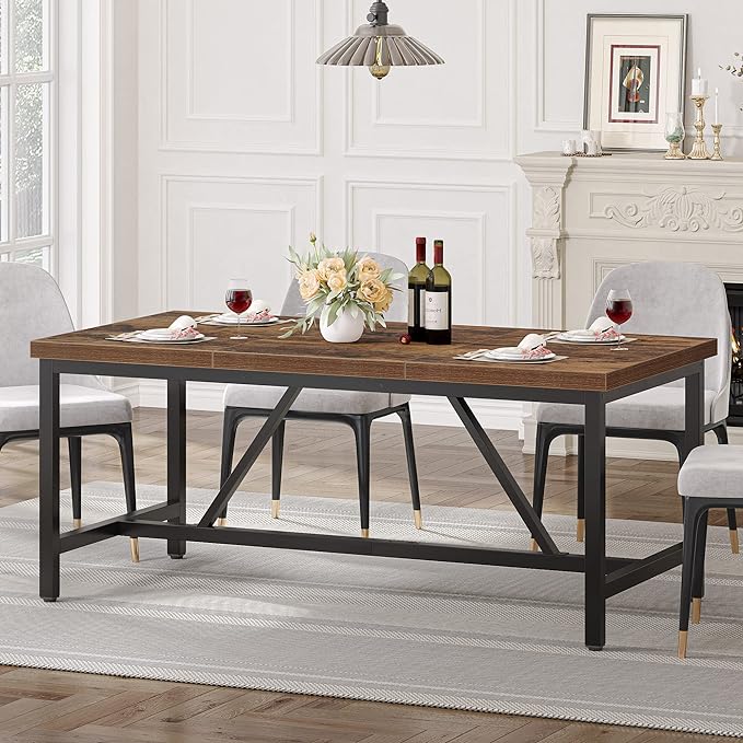 YITAHOME 70.8" Large Kitchen Dining Room Table for 6-8 People, Rustic Brown Farmhouse Industrial Wood Style Rectangle Apartment Dinning Room Dinette Tables for Eating Dinner - LeafyLoom