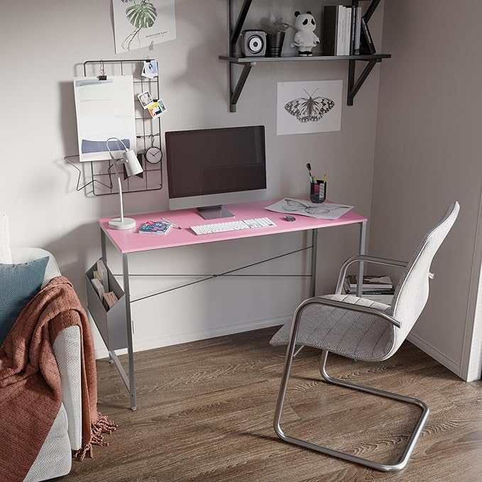 Pamray 47 Inch Computer Desk Small Spaces Desk with Storage Bag for Bedroom Writing and Home Office Work Small Study Desk Table Pink - LeafyLoom