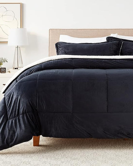Cathay Home King Comforter Set: Ultra Soft and Plush Reversible Micromink and Sherpa 3-Piece Bedding Set, Black, King (102" x 90") - LeafyLoom