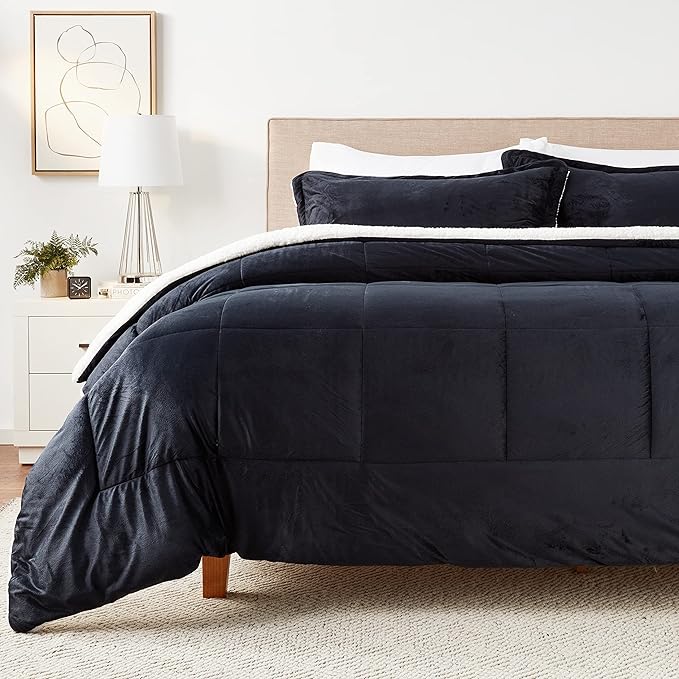 Cathay Home King Comforter Set: Ultra Soft and Plush Reversible Micromink and Sherpa 3-Piece Bedding Set, Black, King (102" x 90") - LeafyLoom