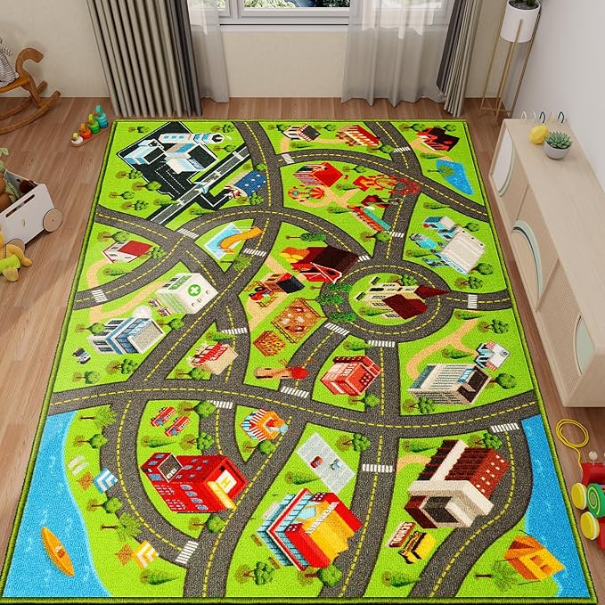 Kids Rugs Traffic Road Carpet for Car City Map Play Rug 5'×6.7' for Playroom Educational Mat Area Rug, Kid Playtime Collection Toddler Car Track Rug Cute Cartoon (City Road A, 59×78.7 in) - LeafyLoom