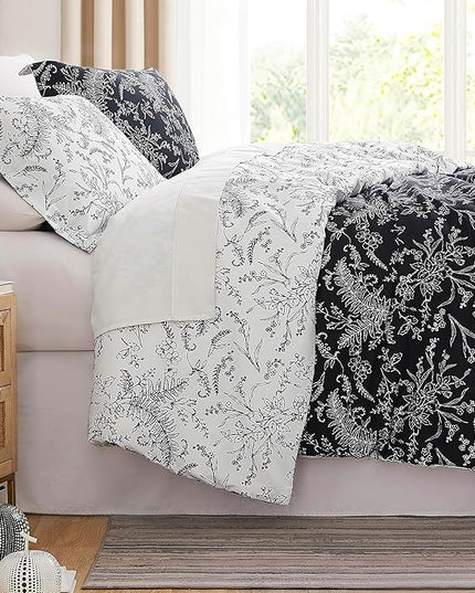 Southshore Fine Living, Inc. Oversized King Comforter Set, Down Alternative Floral Comforter with Matching Shams, Reversible Print is 2 Colors in 1, Fits King/Cal King, Winter Brush Black/White - LeafyLoom