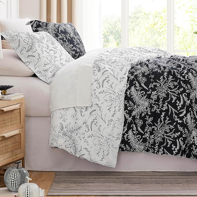 Southshore Fine Living, Inc. Oversized King Comforter Set, Down Alternative Floral Comforter with Matching Shams, Reversible Print is 2 Colors in 1, Fits King/Cal King, Winter Brush Black/White - LeafyLoom
