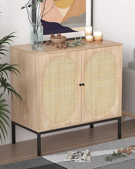 XIAO WEI Sideboard with Handmade Natural Rattan Doors, Rattan Cabinet Console Table Storage Cabinet Buffet Cabinet, for Kitchen, Living Room, Hallway, Entryway, Natural - LeafyLoom