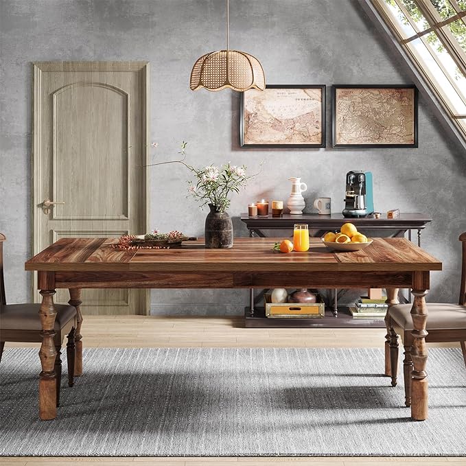Tribesigns 62” Wood Dining Table for 4-6 People, Farmhouse Large Rectangle Kitchen Table, Dinner Table Kitchen & Dining Room Furniture with Carved Turned Legs - LeafyLoom