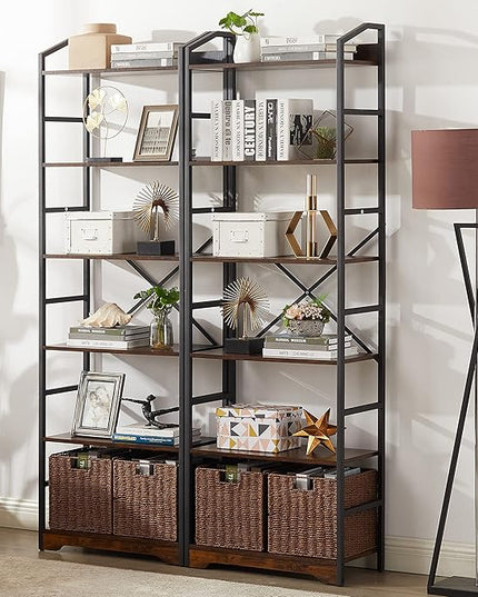 Vagusicc 6 Tier Bookshelf with 2 Storage Baskets, Tall Bookcase Shelf Storage Organizer Wood Book Shelf, Modern Shelf Rack Shelves with Steel Frame, Multipurpose Bookshelf for Bedroom Living Room - LeafyLoom