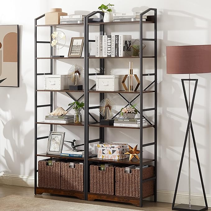 Vagusicc 6 Tier Bookshelf with 2 Storage Baskets, Tall Bookcase Shelf Storage Organizer Wood Book Shelf, Modern Shelf Rack Shelves with Steel Frame, Multipurpose Bookshelf for Bedroom Living Room - LeafyLoom