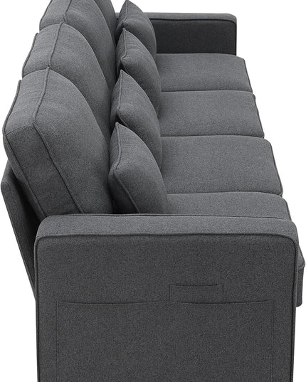 104" Modern Sofa, 4-seat Couch with Armrest Pockets and 4 Pillows for Living Room, Apartment, 104inch, Dark Gray - LeafyLoom