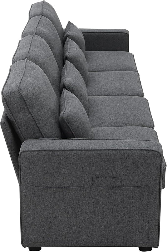 104" Modern Sofa, 4-seat Couch with Armrest Pockets and 4 Pillows for Living Room, Apartment, 104inch, Dark Gray - LeafyLoom