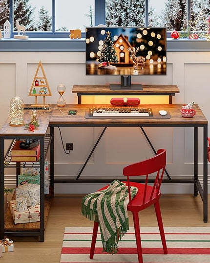 Bestier 52 Gaming Desk with Power Outlet & USB Ports,Reversible Small L Shaped Computer Desk with LED Strip & Headset Hooks,Corner Desk for Small Home Office Spaces,Bedroom Rustic - LeafyLoom