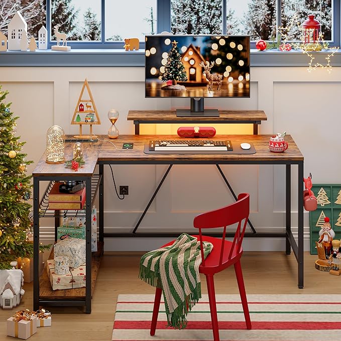 Bestier 52 Gaming Desk with Power Outlet & USB Ports,Reversible Small L Shaped Computer Desk with LED Strip & Headset Hooks,Corner Desk for Small Home Office Spaces,Bedroom Rustic - LeafyLoom