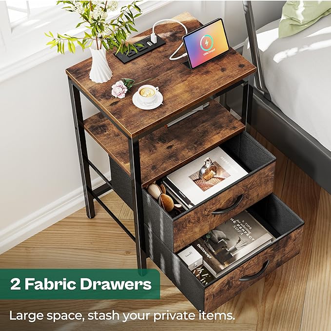 Nightstand with Charging Station, Side Table with Fabric Drawers, End Table with Open Shelf, Bedside Table with USB Ports and Outlets, Night Stand for Bedroom, Rustic Brown - LeafyLoom