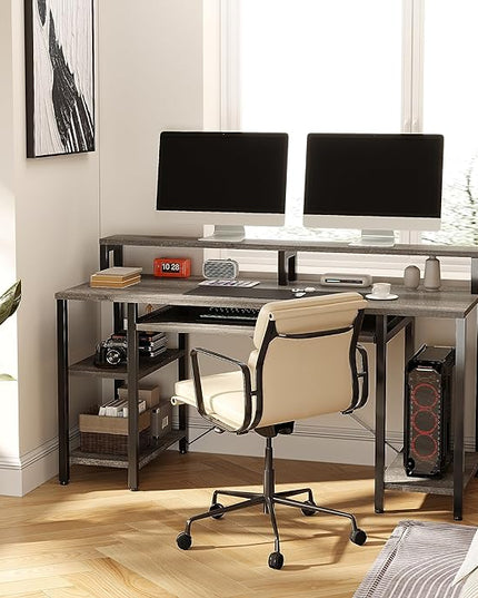 VERMESS Computer Desk- 48 Inch Home Office Desk with Keyboard Tray, 47" Gaming Desk with Full Monitor Stand & Storage Shelves & CPU Stand, Modern Study Writing Table with Shelf for Storage, Gray Oak - LeafyLoom
