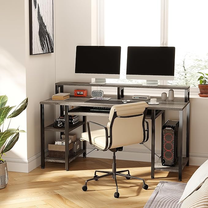 VERMESS Computer Desk- 48 Inch Home Office Desk with Keyboard Tray, 47" Gaming Desk with Full Monitor Stand & Storage Shelves & CPU Stand, Modern Study Writing Table with Shelf for Storage, Gray Oak - LeafyLoom
