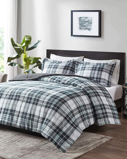 Madison Park Essentials Parkston Plaid Comforter, Matching Sham, 3M Scotchguard Stain Release Cover, Hypoallergenic All Season Bedding-Set, King/California King, Black, 3 Piece - LeafyLoom