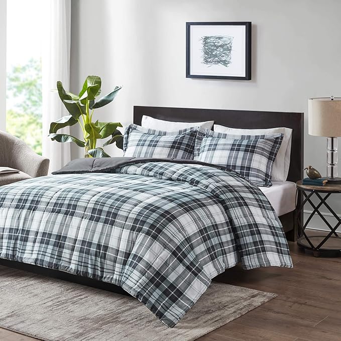 Madison Park Essentials Parkston Plaid Comforter, Matching Sham, 3M Scotchguard Stain Release Cover, Hypoallergenic All Season Bedding-Set, King/California King, Black, 3 Piece - LeafyLoom