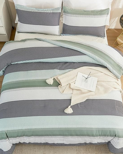 Litanika California King Comforter Set Sage Green - 3 Pieces Cal King Oversized Lightweight Summer Green White Colorblock Stripe Bedding Set (104x96In, 2 Pillowcases) - LeafyLoom