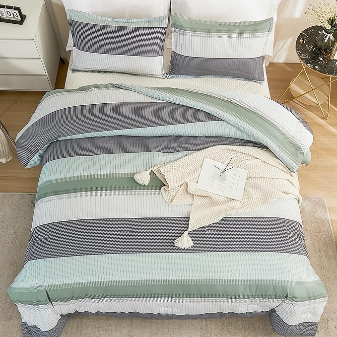 Litanika Queen Comforter Set Sage Green - 3 Pieces Lightweight Bedding Comforter Sets, Light Green White Colorblock Stripe Fluffy Bed Set, All Season Down Alternative - LeafyLoom