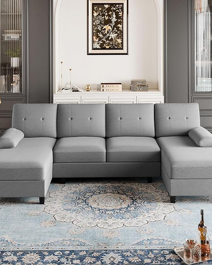 Shintenchi Sectional Couches for Living Room, U Shaped Sofa Couch with Double Chaise, 4-Seat Living Room Furniture Sets with Soft Cushion & Linen Fabric, Light Grey - LeafyLoom