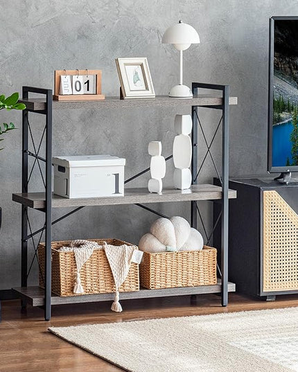 HCHQHS Bookshelf, 3-Tier Industrial Bookcase, Rustic Open Book Shelf, Freestanding Horizontal Bookshelves with Metal Frame - LeafyLoom