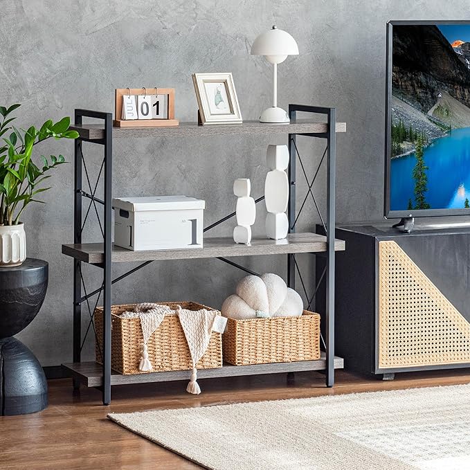 HCHQHS Bookshelf, 3-Tier Industrial Bookcase, Rustic Open Book Shelf, Freestanding Horizontal Bookshelves with Metal Frame - LeafyLoom