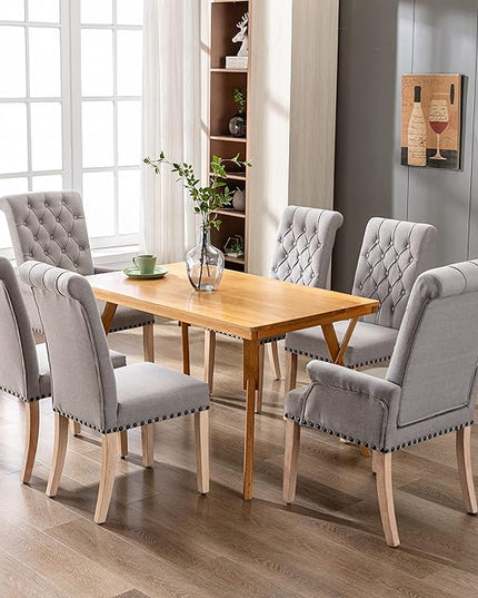 Dining Room Chairs with Arms,Tufted Upholstered High Back Nailed Trim with Untique Oak Wood Legs for Kitchen Restaurant Room Bedroom,Smoke Grey - LeafyLoom