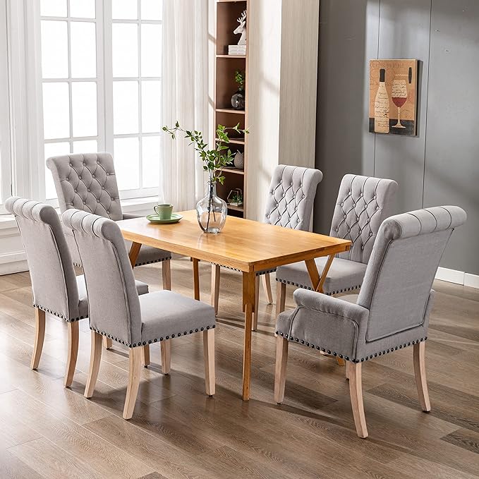 Dining Room Chairs with Arms,Tufted Upholstered High Back Nailed Trim with Untique Oak Wood Legs for Kitchen Restaurant Room Bedroom,Smoke Grey - LeafyLoom