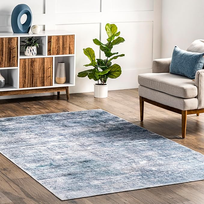 nuLOOM Katia Modern Abstract Machine Washable Ultra Thin Area Rug, 3' x 5', Blue - LeafyLoom