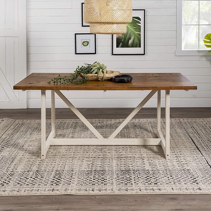 Walker Edison Modern Farmhouse Dining Table Wood Small Dining Room Table Sets Dining Chairs. 72 Inch. White and Rustic Oak - LeafyLoom