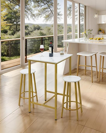 Finnhomy Bar Table Set, 23.6" Pub Table High Top Table, Square Bar Height Table, Bar Table with Stools, Kitchen Table Set for 2, Industrial Breakfast for Kitchen, Living Room, Gold - LeafyLoom