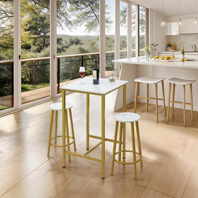 Finnhomy Bar Table Set, 23.6" Pub Table High Top Table, Square Bar Height Table, Bar Table with Stools, Kitchen Table Set for 2, Industrial Breakfast for Kitchen, Living Room, Gold - LeafyLoom