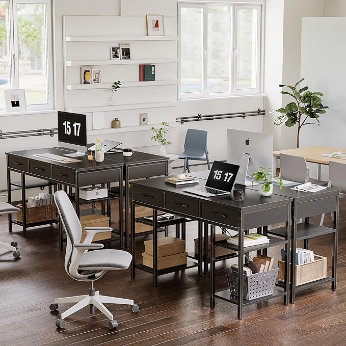 CubiCubi 47 Inch Computer Desk with 3 Drawers and Storage Shelves, Small Home Office Desk, Study Writing Table, Simple Desk for Bedroom, Black - LeafyLoom