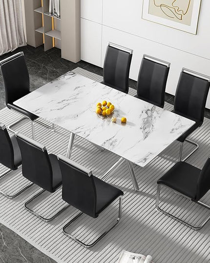 NicBex Large Modern Simple Rectangular Glass Dining Table for 6-8 People with 0.39-Inch White Imitation Marble Desktop and Silver Metal Legs for Banquet Hall, White Marble + Silver - LeafyLoom